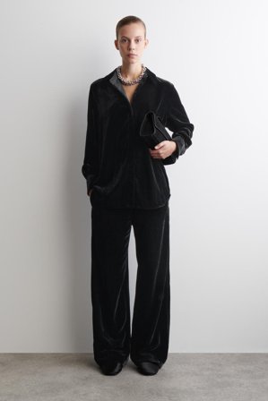 COS Women's Velvet Elasticated Straight-Leg Trousers in Black