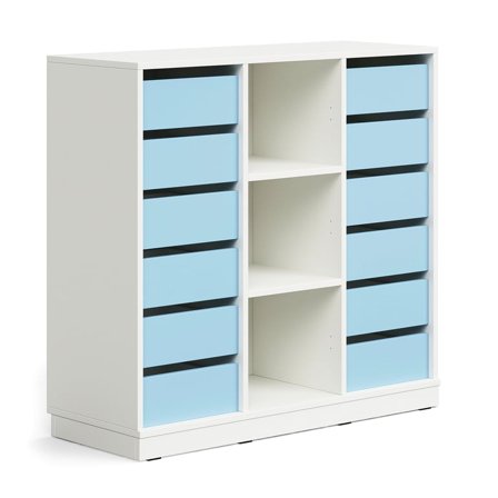 Student storage CASPER, 12 drawers, 3 compartments, base frame, white/sky blue