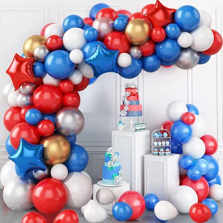 Ballongbue, bursdagsbue med ballonger, blå, hvit og rød ballongbue