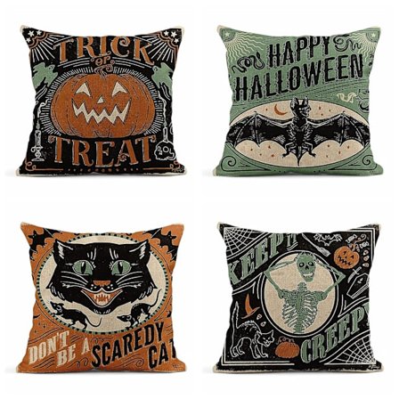 Sæt af 4 Hør Pudebetræk 18x18 Tommer Retro Halloween Gyserkat Græskar Skelet Hjemmeindretning