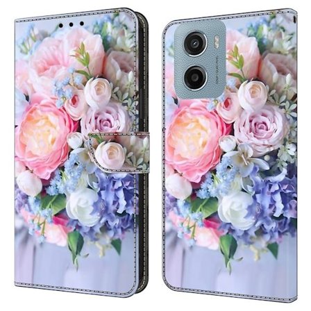 Motorola Moto E15 4G Etui med magnetisk lås 3D-mønster Læderpung Telefoncover - Farverig Blomst