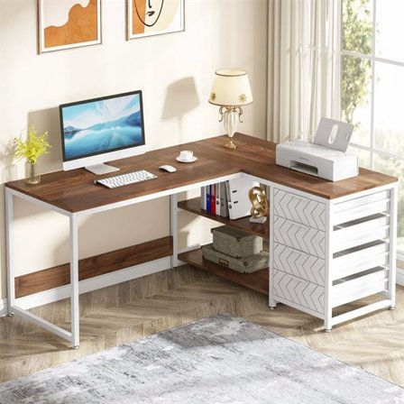 L-format skrivbord med 4 lådor och 2 hyllor – Vit/Valnöt