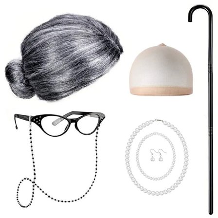 Parykksett for bestefar og bestemor, middelaldrende og eldre, skisse gammel dame kostyme parykksett