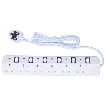 6 Uttaks UK Strømstripe Skjøteledning 2M Kabel 250V 13A Tårnlader