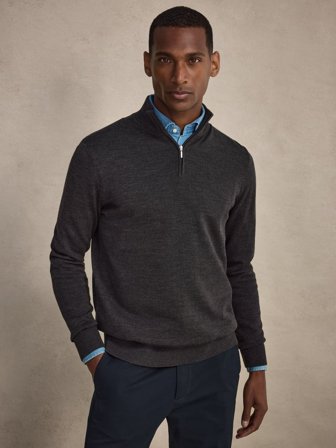 John Henric Men's Dunkelbrauner Zip Pullover Regular Fit Size M