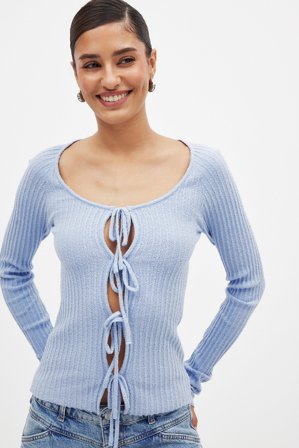 NA-KD Cardigan en maille à détail noué - Pulls fins - Bleu - M