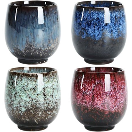 Keramisk tekop sæt, sæt af 4 håndlavede kopper, flerfarvet flammet glaseret keramiske kopper, til hjemmet, kontoret, gaver, tekopper