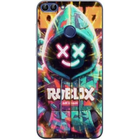 Yhteensopiva Puhelinkuori Huawei Huawei P smart Neonvärisellä Roblox-hupparihahmolla on hehkuvia efektejä ja energialla täytetty tausta, moderni p
