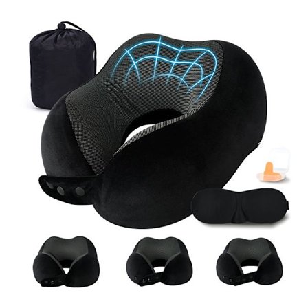 Reisepute i Memory Foam, Justerbar Nakkepute med Øyemaske, Ørepropper svart