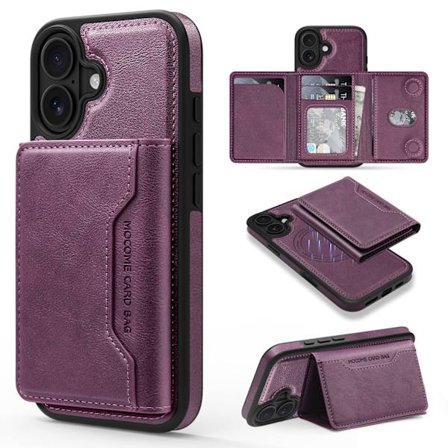 Passer for iPhone 15-serien, multifunksjonell sterk magnetisk kortholder mobiltelefondeksel lilla iPhone 15 Pro Max
