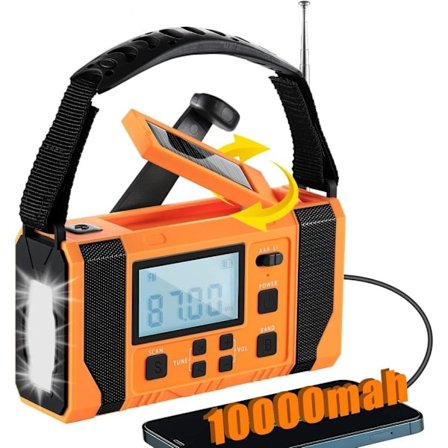 Nødradio 10000mAh Solradio/AM/FM/SW med Sveiv, SOS-alarm og LED-lommelykt, Powerbank for utendørs bruk