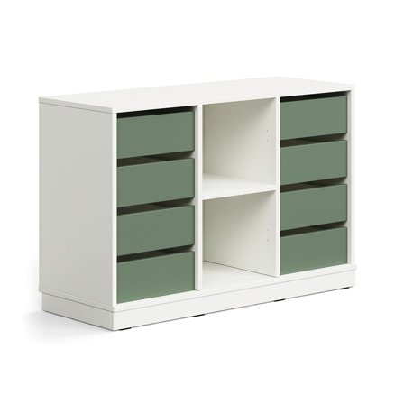Student storage CASPER, 8 drawers, 2 compartments, base frame, white/dark green