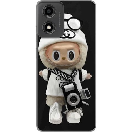 Kompatibel Mobilcover til Motorola Moto E14 Stilfuld designerfigur med kamera og streetwear, legesyg samlerfigur i trendy urban æstetik og minimalist