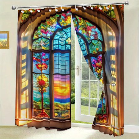 Vandtæt gardin med glasmosaik-vindue digitalt trykt gardin solnedgang skumring 180x180CM