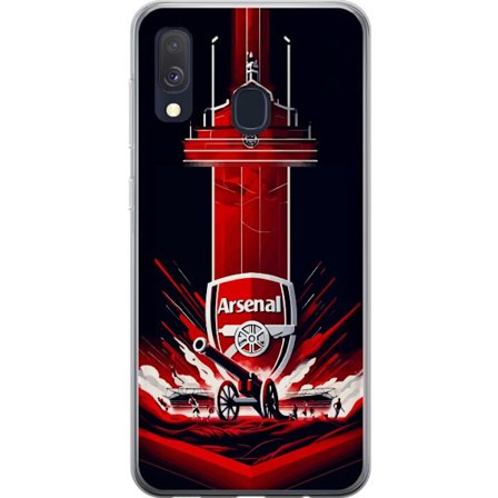 Yhteensopiva Puhelinkuori Samsung Galaxy A40 Arsenal-embleemi, jossa tykki ja stadionmotiivi voimakkaassa punaisessa ja valkoisessa urheilusuunnittelu