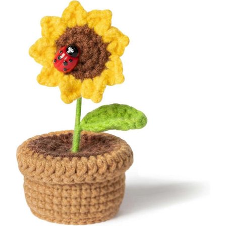 Hæklet Blomster, Solsikke Hæklet Potteblomster, Små Kunstige Blomsterpotte Håndstrikket Hæklet Gave Gave til Elsker eller Familie (2 blade)