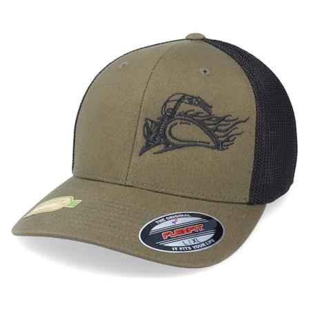 Born To Ride - Flame Bike Logo Olive/Black Recycled Mesh Flexfit Flexfit Green Cap - @ Hatstore
