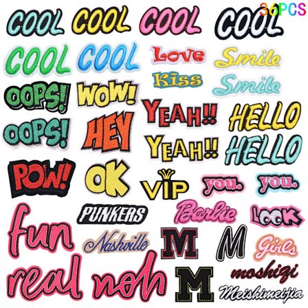 Sett med 36 strykejern-på eller sy-på lapper, for kreative hobbyer på jea