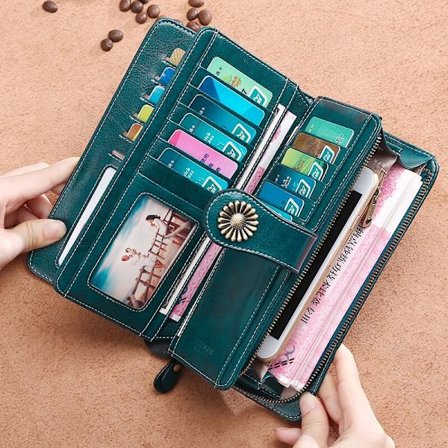 Plånbok Läder RFID Plånbok med stor kapacitet Clutch peacock blue