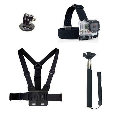 4-i-1 tilbehørskit til action kameraer med brystbælte og monopod med timer