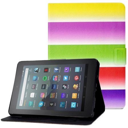 Amazon Fire 7 (2022) læderetui med cool mønster - Regnbue