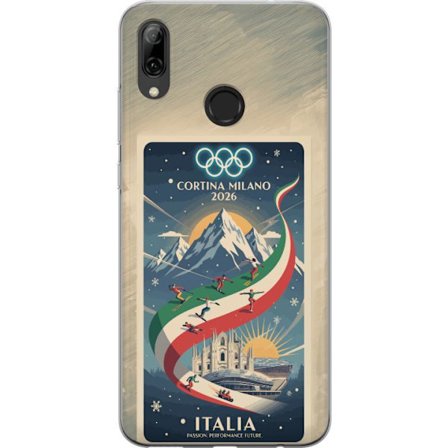 Yhteensopiva Puhelinkuori Huawei P smart 2019 Mäkihyppykuvitus, jossa hiihtäjä tähtää kiväärillä lumisella radalla, teksti Milano Cortina 2026 ja olym