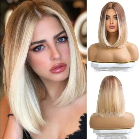 Kort rett blond parykk for kvinner naturlig syntetisk hår ombre parykker med brune røtter cosplay daglig festbruk -12 tommer