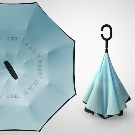 Dobbel Invertert Paraply Fiber Vanntett Lett Invertert Paraply med C-Formet Håndtak Himmelsblå