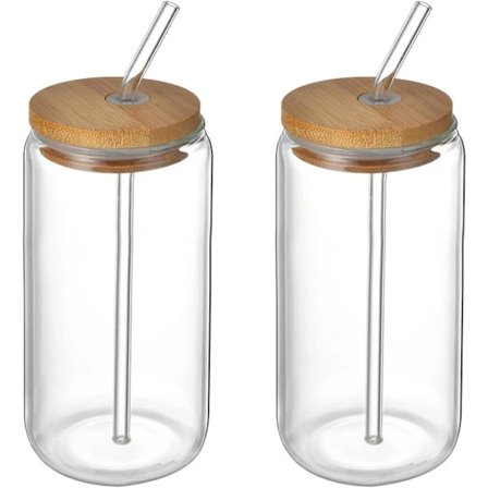 2 stk. drikkeglas med bambuslåg og sugerør, øldåseglas, tumblerglas, iskaffekop til mælkekaffe-FX-