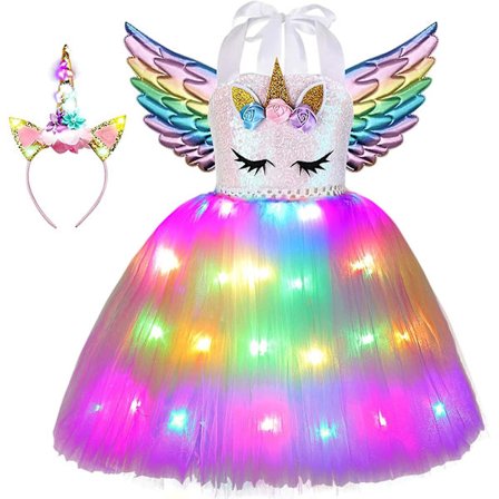 Enhörningsdräkt för flickor Led Light Up Tutu Dress Up Födelsedagspresenter Prinsessklänning till Halloweenfest