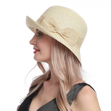 Justerbar sommerhat til kvinder, sammenfoldelig, med krøllet sløjfe, passer til alle lejligheder, solhat, solbeskyttelse (beige)