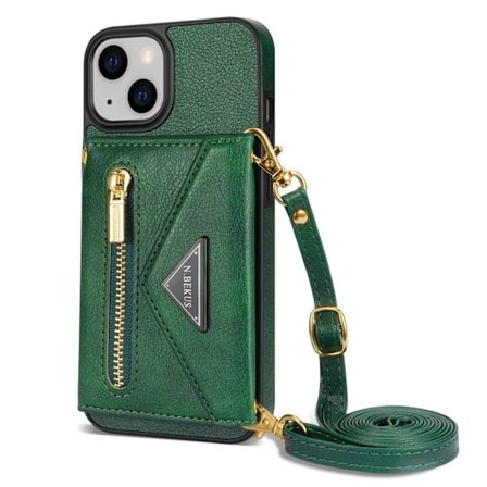 Etui til iPhone 13 mini grønn crossbody glidelås kortholder full