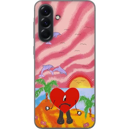 Kompatibelt Mobildeksel til Samsung Galaxy A56 Bad Bunny i en fargerik quiltet jakke med hjertemønster og solbriller i moderne gatestil