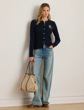 Lauren Ralph Lauren Cable-Knit Cotton Cardigan - Navy - M