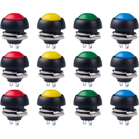 12 stk. På-Av-bryter, 12 mm vanntett øyeblikkelig trykknapp (4 farger)