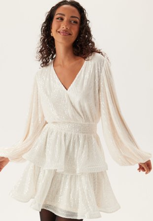 Bubbleroom Occasion Flounce Balloon Sleeve Sequin Dress Cream XL