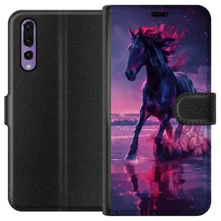 Kompatibel Tegnebogsetui til Huawei P20 Pro Elegant sort hest, der løber gennem vandet i lilla og rosa lys, magisk atmosfære, bevægelse, refleksioner