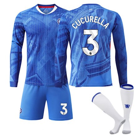 25-26 Chelsea F.C. Hemmatröjor Långärmad NO.3 CUCURELLA Set Barn Vuxen Fotbollsutrustning med Strumpor