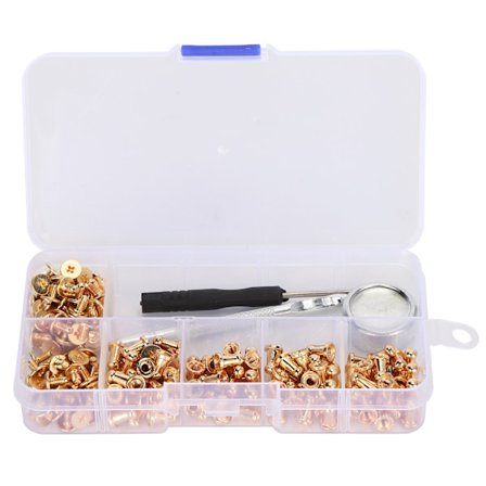 100 sett runde munkehoderiveter i messing, skruer, nagler, skinnplagg, håndverk, knapp, gull, 3 verktøy