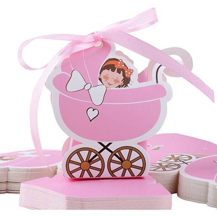 50 st Babyflicka Dopgåva Kartong Godisaskar Vagn Stil Favoritask med Band för Födelsedagsfest Dekoration Present