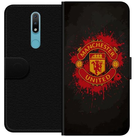 Yhteensopiva Lompakkokotelo Nokia Nokia 2.4 Manchester United logo punaisella ja keltaisella värillä, raikas urheilullinen tausta