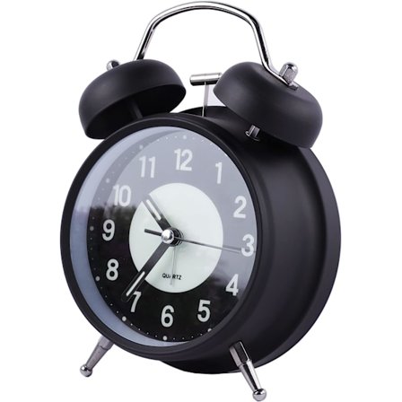 4-tums väckarklocka, kvarts, analog, vintage, dubbelklocka, med högt larm och nattljus, case (svart)