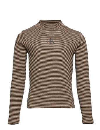 Monogram Stripe Rib Mock Ls Top Langærmet T-shirt Multi/mønstret Calvin Klein