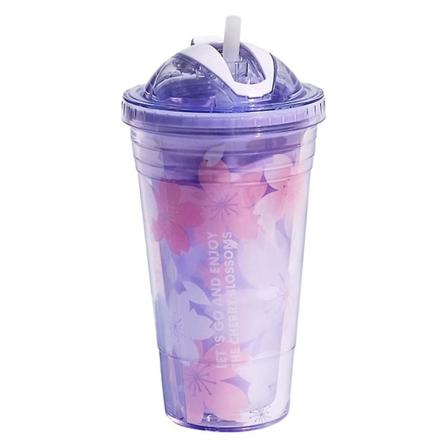 480 ml iskopp, plastvattenkopp, sommarhalm, handhållen kopp, söt bärbar vattenkopp Pink purple