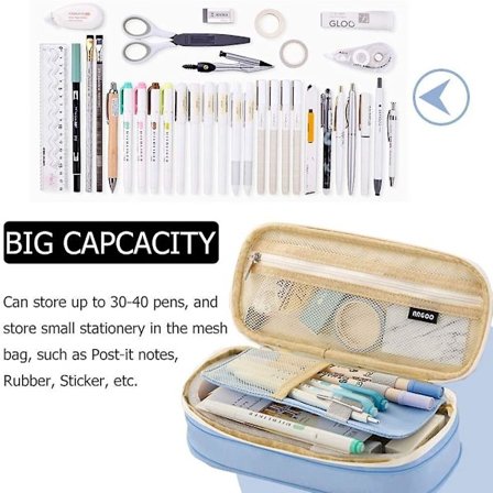 Large Capacity Pencil Case Durable School Student Pen Holder Organizer Stationery Makeup Cosmetic Pouch , 22x11cm (upgraded Version-light Blue)