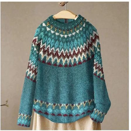 Dame Løstsiddende Strikket Trøje - Rund Hals Farveblok Mode Trøje Søblå 4XL lake blue 4XL