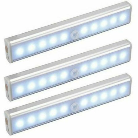 Sett med 3 10 LED-lamper, trådløs, USB-oppladbar, magnetisk, bevegelsessensor, bærbar. Skaplys