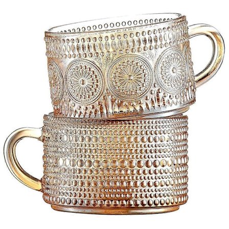 2 stk 400 ml Kaffekopper i Glass, Preget Tekopper for Cappuccino, Latte, Frokostblanding, Yoghurt, Drikke FFE