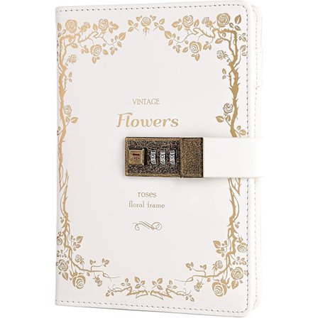 Blomster Læder Journal Med Lås Skrive Dagbog Notesbog Kombination Adgangskode Linjeret Genopfyldeligt Papir 215 X 155 Mm (hvid)