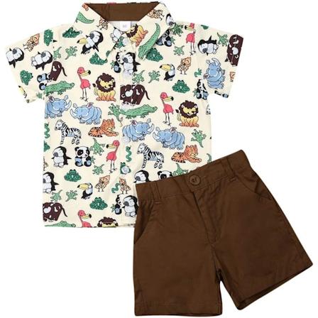 Toddler Drenge Sommer Outfits Kortærmet Revers Knap T-shirts Shorts Sæt Lille Børn 2stk Tegneserie Dyr Print Tøj 90cm